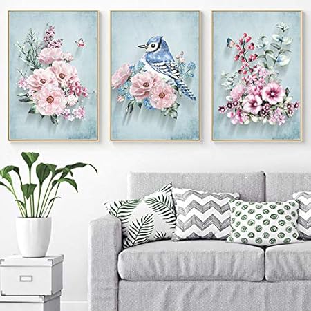 Impression Sur Toile3 Pièce Fleurs Roses Et Oiseaux Belles