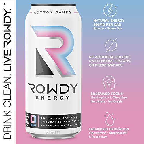 Rowdy Energy Drink Zero Sugar, Cotton Candy, 16 fl. oz. (12 Pack