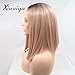 Xiweiya Mermaid Synthetic Rose Gold Straight Cut Bob Lace Front Wigs with Dark Root Middle Part Short Pink Bob Short Soft Wig Heat Resistant Fiber Hair Replacement Wig Women Drag Queen Makeup 14 inch