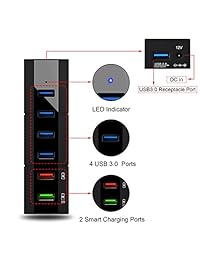 juanwe 6 puertos USB 3.0 Hub, incluyendo 4 de alta velocidad USB3.0 Transferencia de Datos y 2 puertos BC1.2 puertos de carga inteligente, Negro
