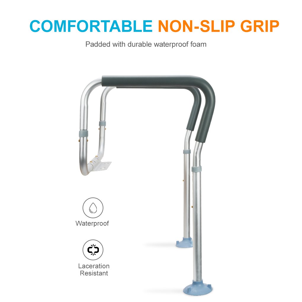 OasisSpace Toilet Rail - Medical Bathroom Safety Frame for Elderly, Handicap and Disabled - Adjustable Toilet Safety Handrail, 2 Additional Rubber Tips