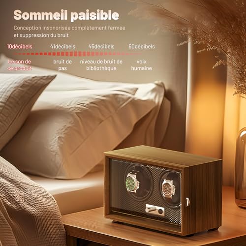 BeSokar 2 Watch Winder Black Walnut Wood 4 Rotation Modes LED Light Ultra Quiet