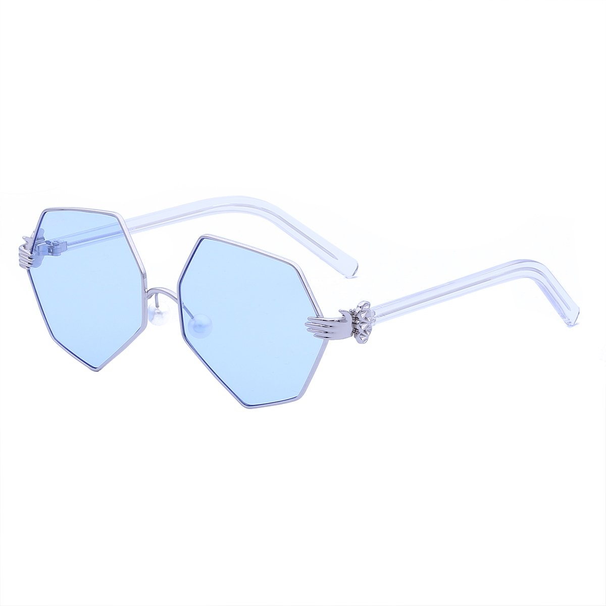 WISH CLUB Women Polygon Sunglasses Flat Clear Transparent Lens Fashion Metal Frame UV 400 Fashion Trendy Glasses (Blue)
