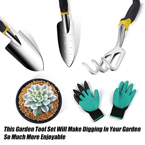 Garden Tools Set and Garden Gloves with Claws for Women and Men Garden Hand Tools Gardening Tool Kit includes Trowel, Transplant Trowel and Cultivator Garden Gift Ideas