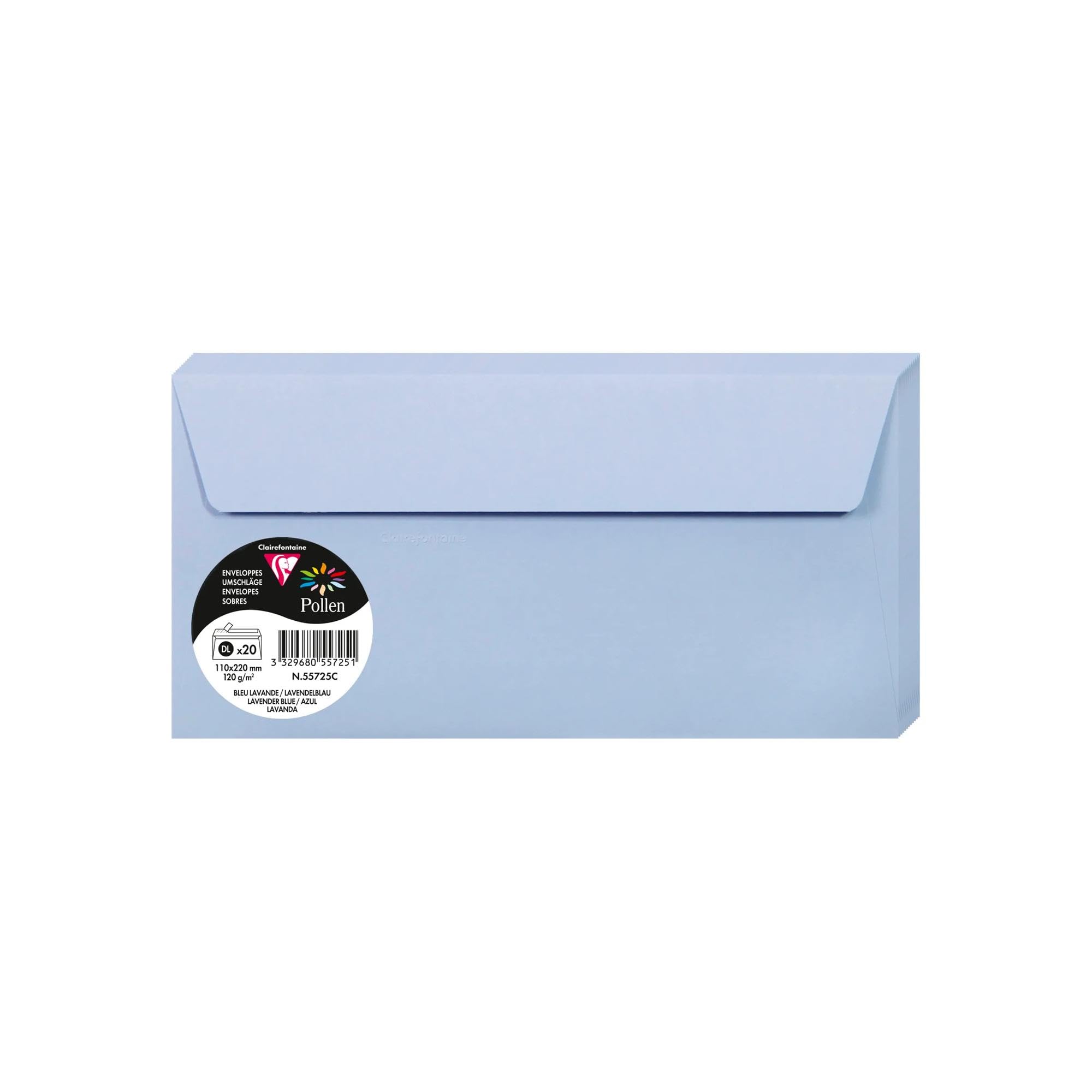 Clairefontaine 55725C Pack of 20 Self-Adhesive Envelopes DL (11x22cm) 120gsm Lavander Blue Invitation Events Correspondence Pollen Range Premium Smooth Paper — image 1