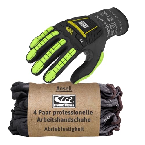 Ansell Ringers R840 Professional Work Gloves, Abrasion Resistant Nitrile Coating with Firm Grip, Multipurpose Protection Gloves, Mechanical and Industrial Safety, Black, Size S (4 Pairs)