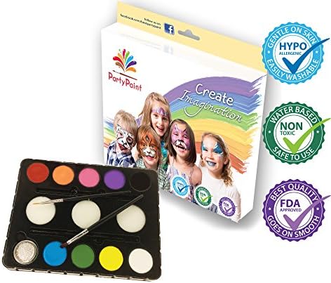 PartyPaint Essentials Face Paint Kit - Pro Quality Palette for Kids and Adults - Birthdays, Fundraisers, or Rainy Day Fun - FREE E-book &amp; Tutorial Library - Highest Rated Face Painting Kit