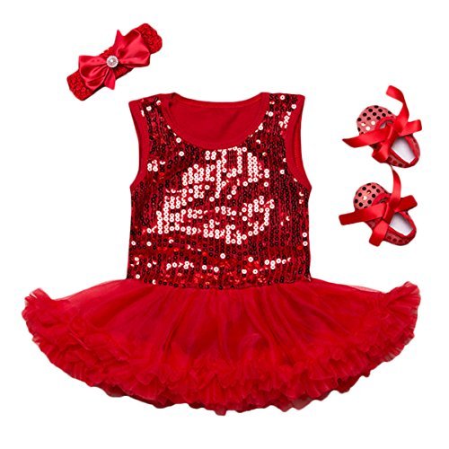 Baby Girls Sequined Romper Dress Headband Shoes 3Pcs Outfits (S (0-3 Months), red)