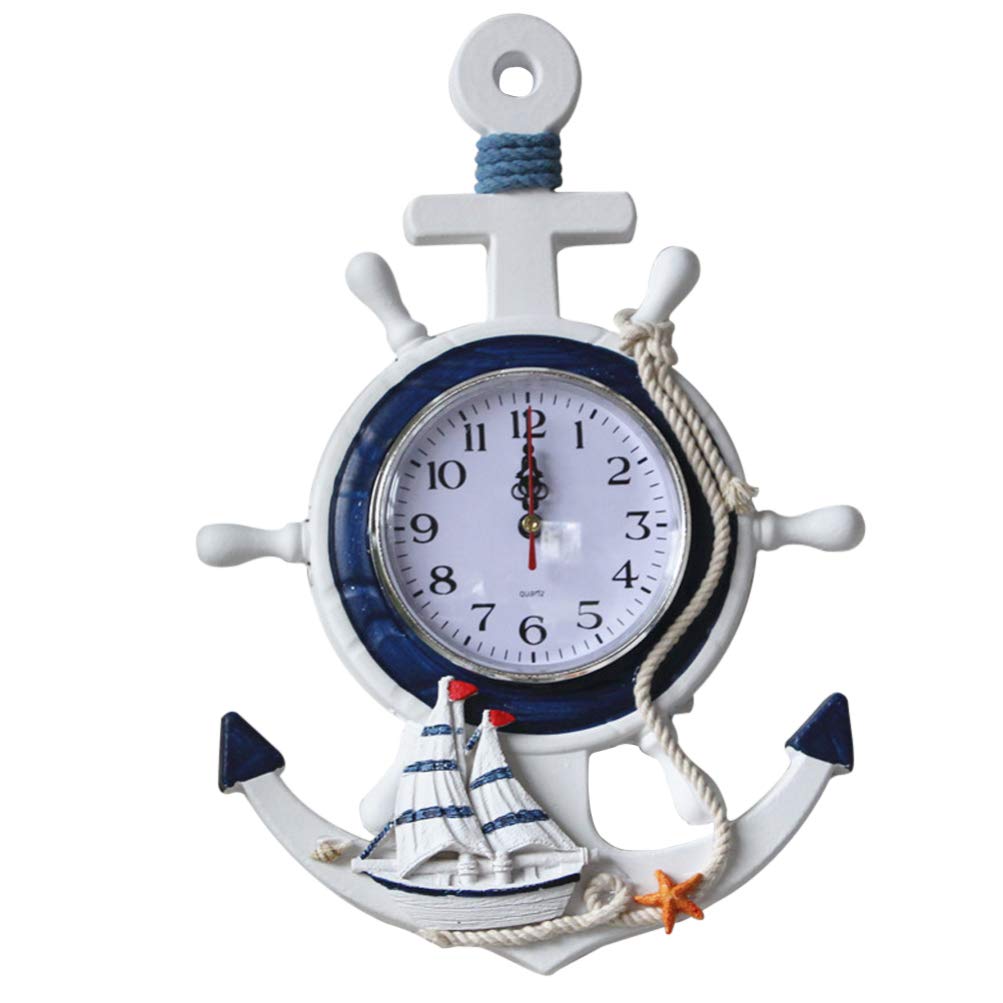 Nautical Wall Clock, Anchor Clock Mediterranean Style Wall Clock Wooden Anchor Wheel Clock Decorative for Hanging Decoration Ornament