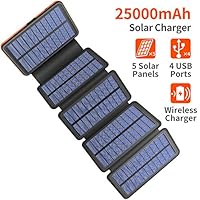 Solar Charger 25000mAh, 5 Solar Panel QI Wireless Outdoor Portable Power Bank - Waterproof Fast Charge External Battery Pack with Dual 2.1A Output USB for Cell Phones Tablet GoPro Camera