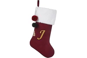 Pxniy 19.5 inches Personalized Velvet Christmas Stocking,Initials Embroidered Letter Christmas Stocking with pom poms, for Fireplace Hanging Decor and Xmas Gift(Burgundy J)