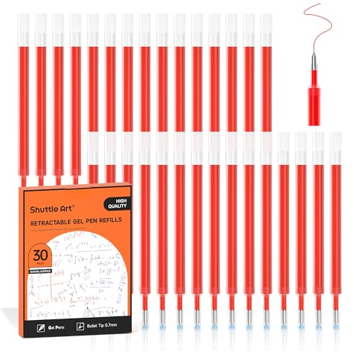 Retractable Gel Pen Refills, Shuttle Art 30 Pack Red Rollerball Gel Ink Pens Refills, Bulk Set, 0.7mm Fine Point for Writing Journaling Taking Notes School Office Home
