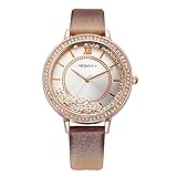 Bosymart Women's Rose Gold-Tone Crystal Bezel Analog Display Quartz Leather Strap Watch