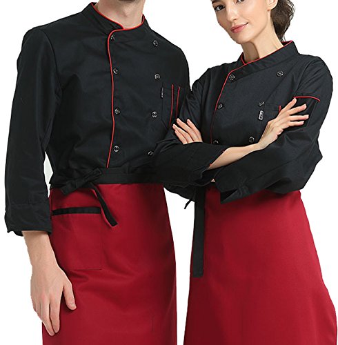 Seven Star Short Sleeve Chef's Jacket Kitchen Cook Coat Stripe Uniforms 3Colors(Black, Red, White) (Large, Black (Long Sleeve))