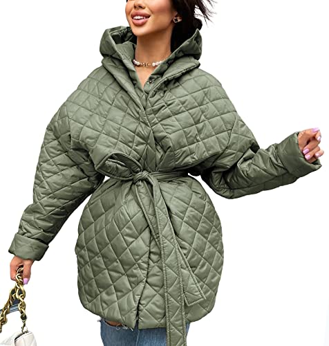 BTFBM WOMEN BUTTON DOWN QUILTED JACKET COAT 2023 FALL WINTER FASHION BELT POCKETS REMOVABLE PADDED HOOD PUFFER OUTERWEAR(SOLID GREY GREEN, SMALL)