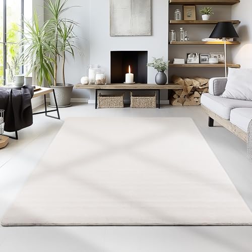 HomebyHome Waschbarer Teppich Kurzflor 240x340 cm Creme Modern Einfarbig Weich rutschfest Pflegeleicht Maschinenwaschbar für Wohnzimmer Schlafzimmer E