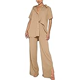 LYANER Women's 2 Piece Outfits Button Down Short Sleeve Shirt and Wide Leg Pants Set
