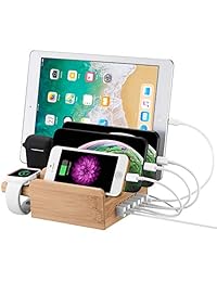 Estación de carga, WXTOOLS 6 puertos de bambú Organizador Cargador USB de madera Estación de escritorio Soporte de soporte de muelle Accesorios para dispositivos múltiples, Compatible con reloj   Airpods   Teléfono   Tableta