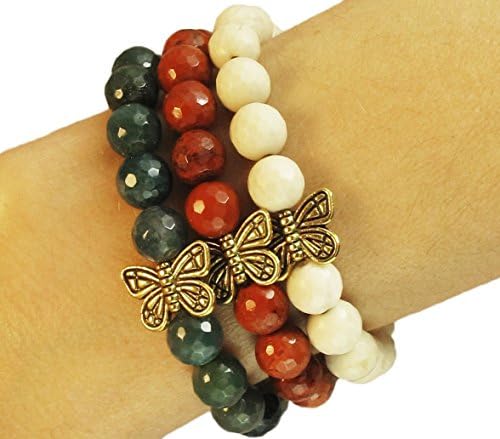 HathaFit Natural Stone Red Jasper Moss Agate Fossil Jasper Beaded Stretch Bracelet
