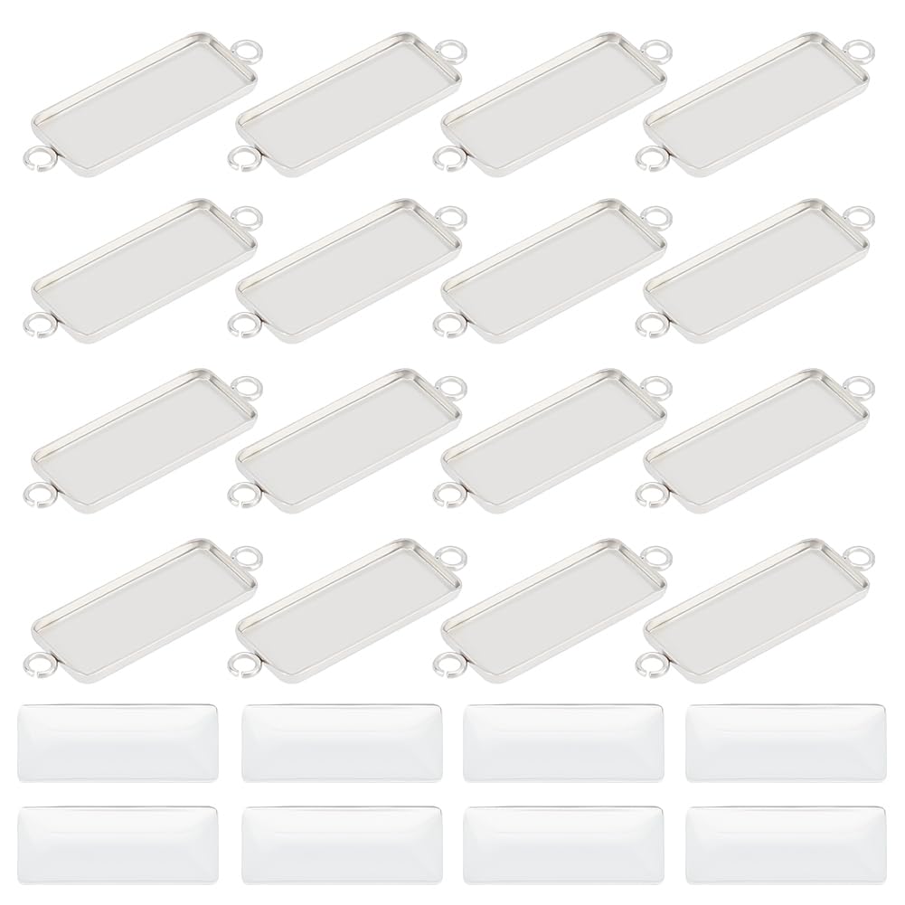 UNICRAFTALE 20 Sets Cabochon Pendants Stainless Steel Rectangle Cabochon Connector Charm Blanks Bezel Pendant Tray 25x10mm with Glass Cabochon Bracelet Connector Charms for Jewelry Making