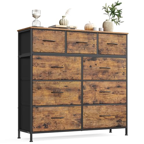 SONGMICS Cómoda, con 9 Cajones, Mueble de Almacenaje, Tela no Tejida, para Dormitorio, Recibidor y Salón, Marrón Rústico y Negro Tinta MLGS324BH04