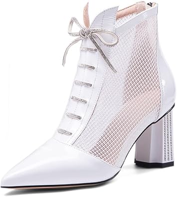 Amazon.com: TinaCus - Botas de verano para mujer, hechas a mano, con malla  de charol brillante, punta hueca en punta, con cremallera y tacón grueso  (blanco, US6.5): Shoes