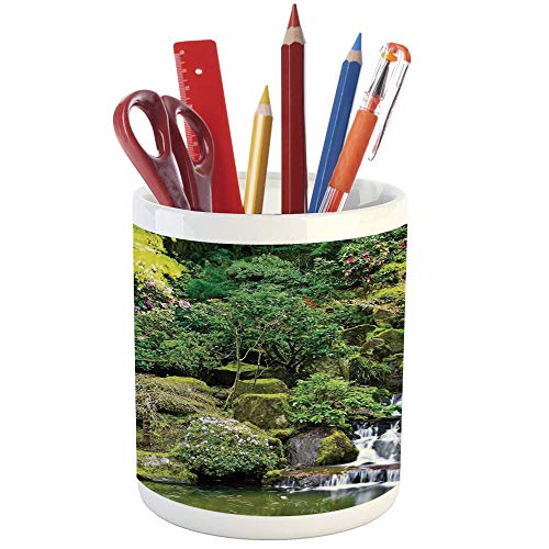 Pencil Pen Holder,Country Home Decor,Printed Ceramic Pencil Pen Holder for Desk Office Accessory,Pond in Asian Style Garden Arboretum Trees Bush Foliage Rocks Waterscape Picture