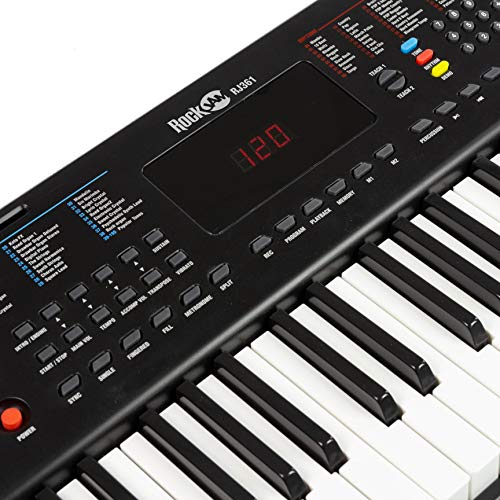 RockJam 61 Portable Electronic Keyboard with Key Note Stickers, Power