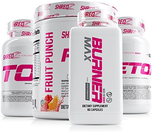 SHREDZ 30 Day Weight Loss Results Supplements Stack for Women, Clinically Tested Ingredients, Burner MAX, Toner, Detox, Pre-Workout (Fruit Punch)