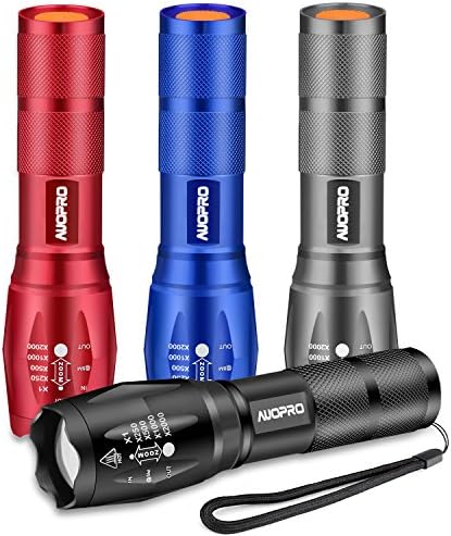 AUOPRO Super Bright LED Tactical Flashlight Pack of 4, Zoomable Handheld Torch Light, 800 Lumens CREE XML-T6, 5 Modes for Home Emergency Camping Hiking EDC (Multicolor)