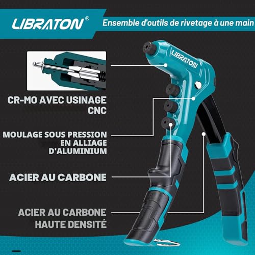 LIBRATON Professional Rivet Pliers, Manual Rivet Pliers, Blind Rivet Pliers, Pop Rivet Gun with 4 Types of HSS Drills and 200 Pieces Rivets 2.4mm 3.2mm 4.8mm