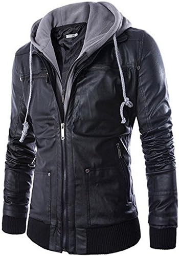 Larkon Men's Faux Leather Jacket with Fleece Hood