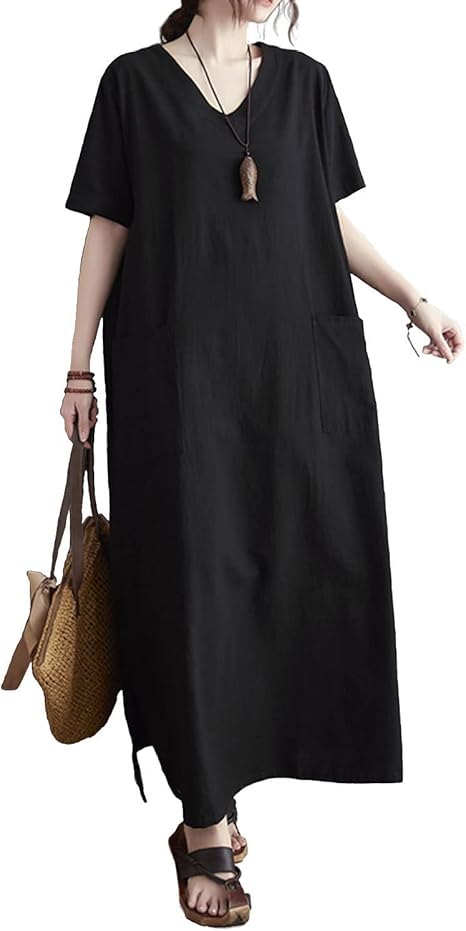 Amazon Co Jp Innifer イン二ファー ワンピース レディース ロングワンピース Vネック 半袖 ロング丈 ポケット付き 無地 綿麻 ゆったり 大きいサイズ 着痩せ お洒落 春 夏 服 ファッション小物