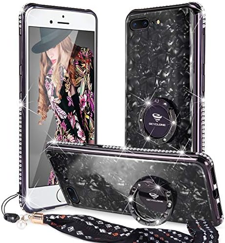 OCYCLONE iPhone 8 Plus Case, iPhone 7 Plus Case, [Tempered Glass Back Cover] with Cute Glitter Bling Diamond Rhinestone Bumper Ring Kickstand Sparkly Protective Phone Case for Women Girls - Black
