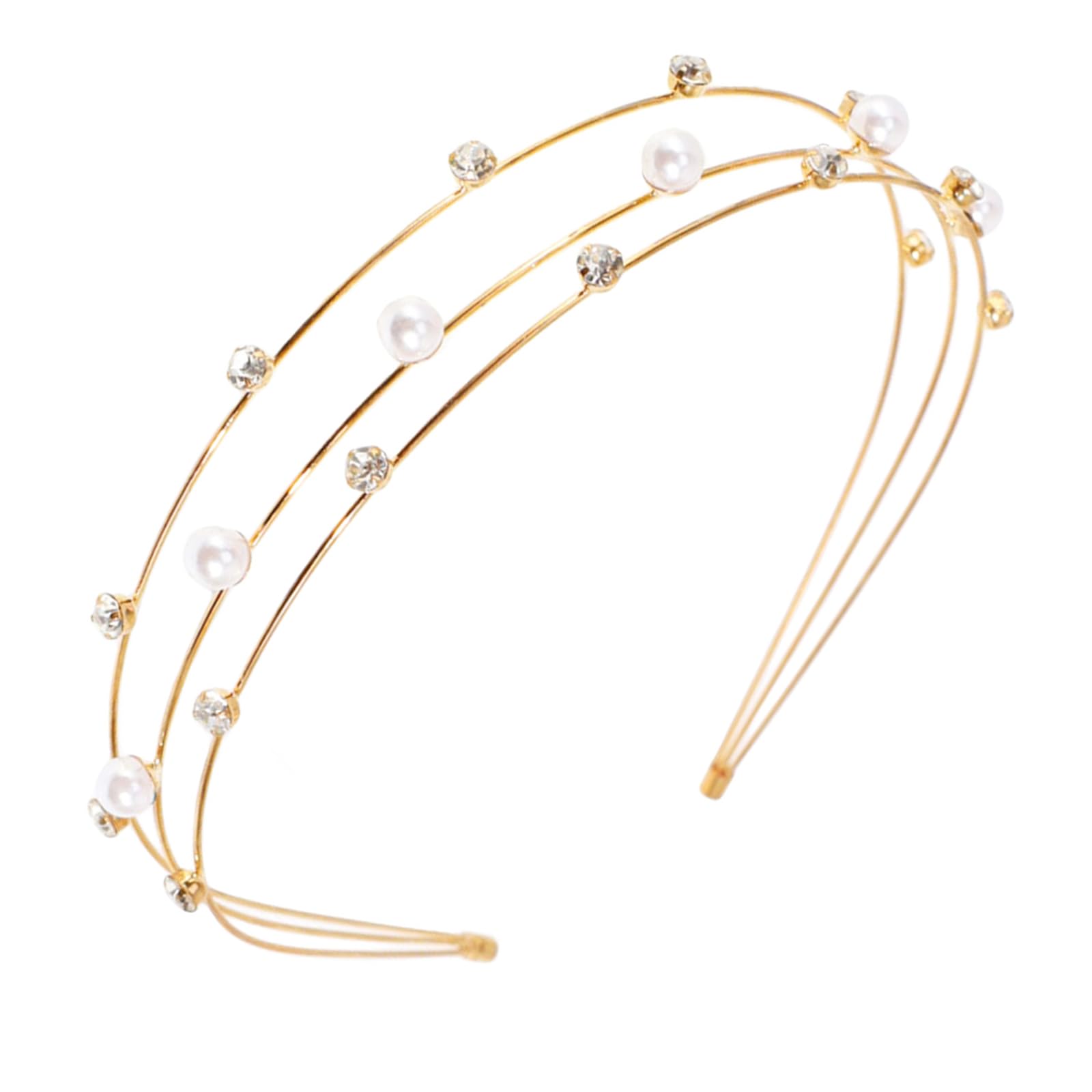 scicent Three Layer Hairband White Faux Pearl Headband Sparkly Diamond Head Bands Gold Metal Hair Bands Bridal Hair Hoop Party Wedding Hair Accessories for Women 23629 — image 1
