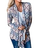 Ruanyu Women's Plaid Print Long Sleeve Elbow Patch Draped Open Front Cardigan Sweater