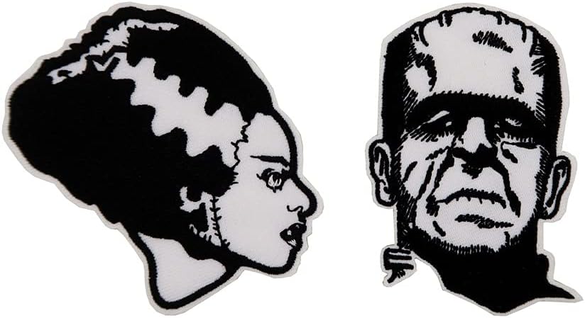 Mixed Media - Frankenstein and Bride Embroidered Iron On Horror Patches