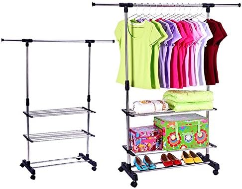 ZOCY Garment Rack Rolling Portable Adjustable Height and Length Garment Rack with Wheels Stainless Steel and Three Bottom Shelves.
