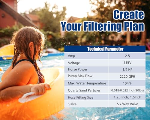 CHOOSMO 10 Inch Sand Filter Pump for Above Ground Pools, 2220 GPH 1/4 HP Pool Filtration System, 30 lb Sand Tank, 6-Way Valve, Hose Adapters, 115V, for 3,000–6,500 Gal Pools