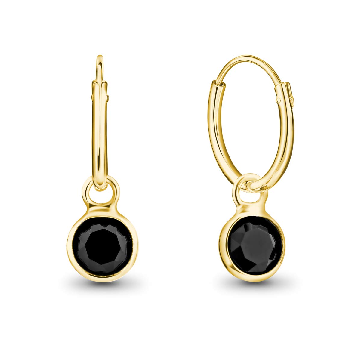 DTPsilver® 925 Sterling Silver Yellow Gold Plated SMALL Hoops Earrings - Dangling 5 mm Round Glittering Crystals from Swarovski® Elements - Diameter 14 mm - Colour: Black — image 1