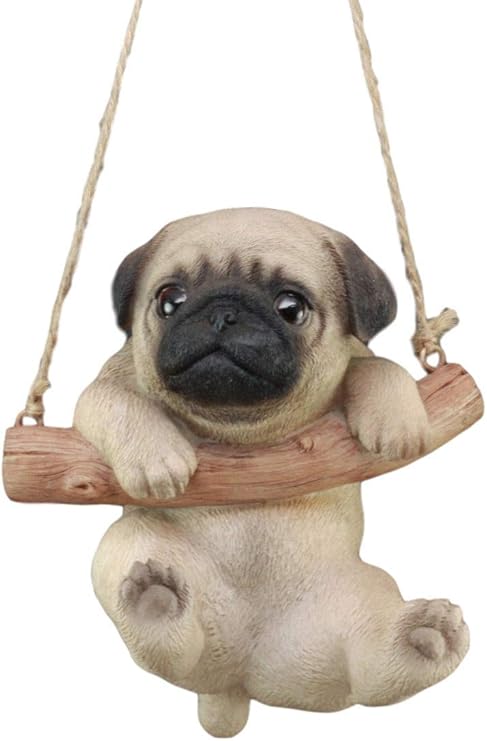 Cute Lifelike Teacup Pug Puppy Macrame Branch Hanger 5 5 Tall With Jute Strings Animals Dogs