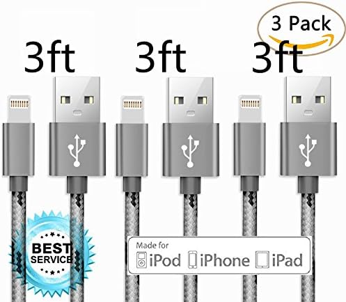 [3-Pack] 3ft Gladiolo Lightning Cable / Appel iPhone Charging Charger Cable / Lightning to USB Cablefor iPhone X / 8 / 8 Plus / 7 / 7 Plus / 6 / 6 Plus / 5S, iPad Pro Air 2 and More, Color Gray
