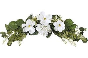 KUYYFDS Artificial Flower Garlands,Decorative Floral Swag, 29.5 Inch Artificial White Magnolia Flower Swag with Green Leaves Silk Magnolia Flower Garland Wreath for Wedding Arch Chair Back Front Door