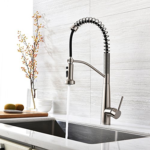 Pre Rinse Spring Kitchen Faucet With Pause-Bokaiya Commercial Brass Brushed Nickel Stainless Steel Pull Down Sprayer Kitchen Sink Faucet, 1 Hole Single Handle Kitchen Faucets with Sprayer