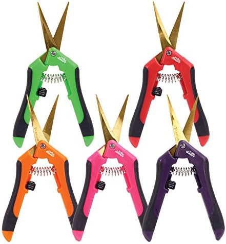 (5 Pack Curved) 5 Different Colors Red, Pink, Purple, Green, and Orange TrimSmart TS001 Precision Pruner Hydroponic Garden Precision Titanium Blade Curved or Straight Blade Snip Scissor Trimmer