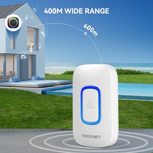 TECKNET Longest 1300 Feet Wireless Doorbell with RGB Alarm Lighting,Battery-Powered IP66 Waterproof Design,60+Chimes & 5-Level Volume for Home/Apartment/Classroom/Business,4.5-Year Battery Life,White