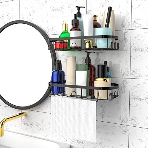 2-Pack Shower Caddy Basket Shelf, Adhesive Matte Black Shower Caddy With Hooks , Stainless Steel No Drilling Shower Shelves, Wall Mounted Shower Organizer for Bathroom, Toilet, Kitchen