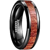 Vakki Mens 8mm/10mm Koa Wood Black Tungsten Carbide Wedding Ring Band Polished Beveled Edges Comfort Fit Size 7 to 12