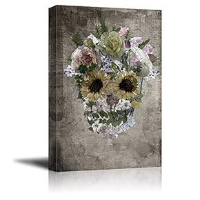 Canvas Print Wall Art - Skull with Flowers - Gallery Wrap Modern Home Art | Ready to Hang - 12x18 inches