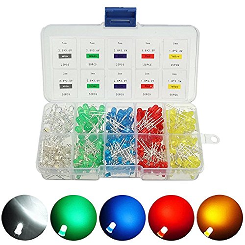 Light Emitting Diodes, Elfeland 375pcs 3mm 5mm 2Pin LED Lamp Assorted Diffused LED Kit White Yellow Red Blue Green for Arduino & DIY